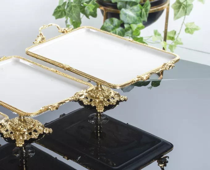 35X26 CM PORSELEN DİKDÖRTGEN KULPLU AYAKLI SUNUM ALTIN