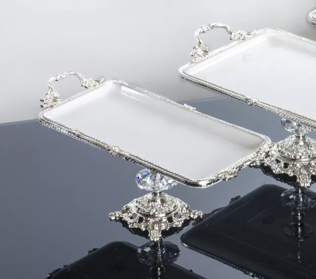30X14 CM PORSELEN DİKDÖRTGEN KULPLU AYAKLI SUNUM GÜMÜŞ