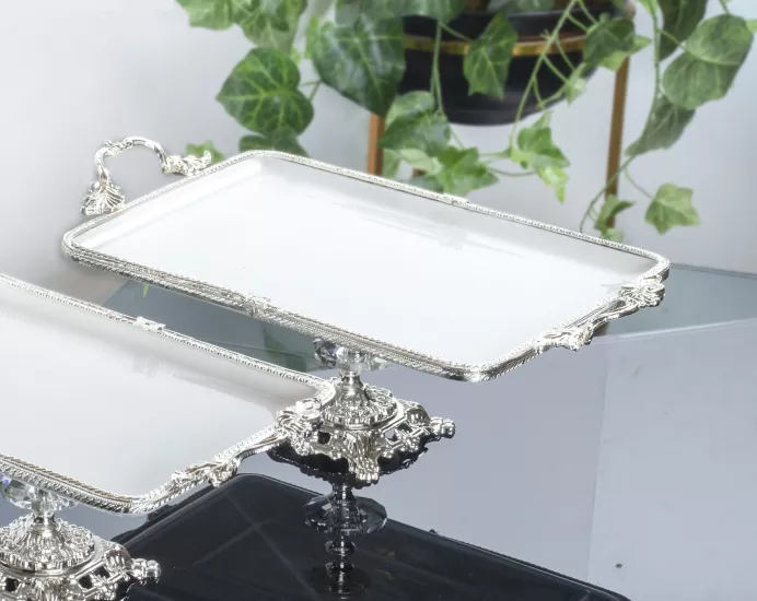 35X26 CM PORSELEN DİKDÖRTGEN KULPLU AYAKLI SUNUM GÜMÜŞ