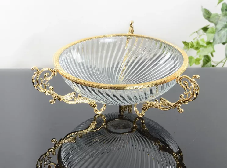 YUVARLAK 30 CM  KULPLU CAM SALATA SUNUM KASESİ ALTIN