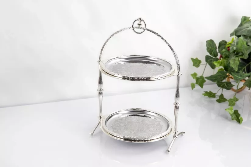 METAL İKİ KATLI 25/25 CM SUNUM TABAĞI GÜMÜŞ