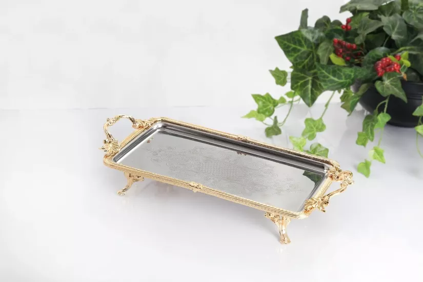 METAL 35X19 CM DİKDÖRTGEN SUNUM TEPSİ ALTIN