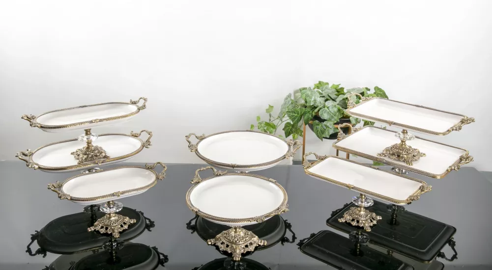 8 PARÇA PORSELEN OVAL KULPLU AYAKLI SUNUM SETİ OKSİT