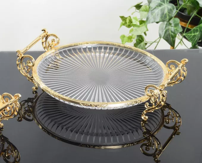 YUVARLAK 31 CM KULPLU CAM SUNUMLUK ALTIN