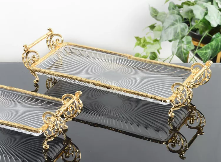 DİKDÖRTGEN 37X20 CM KULPLU CAM SUNUM ALTIN